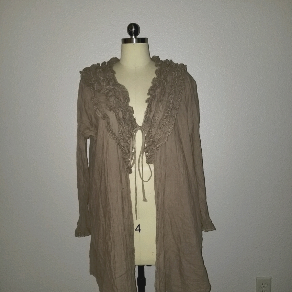 JP&Mattie Khaki Brown Ruffled Tie Top Duster